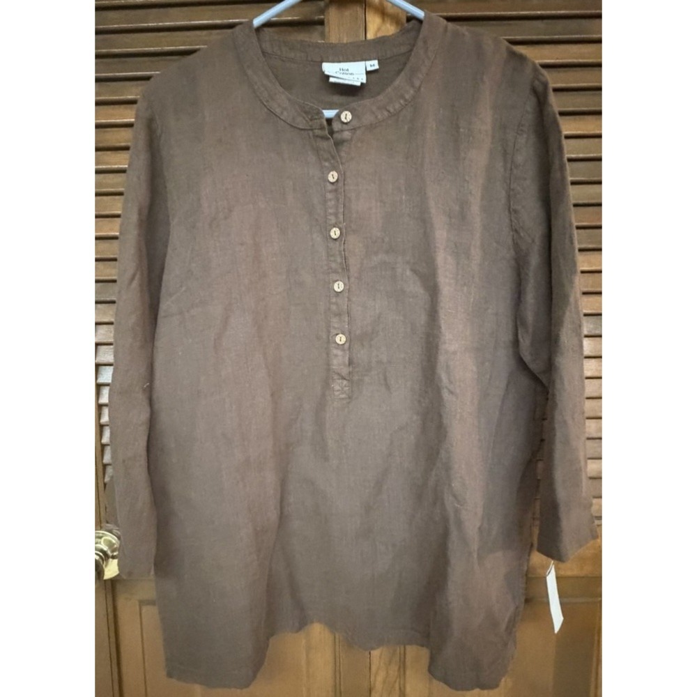 Hot Cotton Brown Linen Top M Button Front Minimalist Lagenlook Boho Relaxed NWT